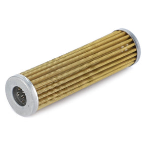 A cylindrical metal mesh filter with pleated gold-colored material and silver-colored end caps, this AGCO Hydraulic Filter Cartridge - 0.9012.428.2 is designed to enhance your equipment's service life.