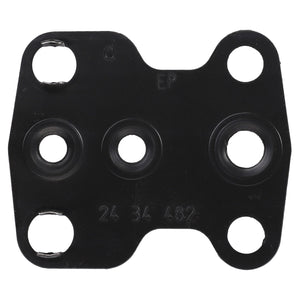 A black rectangular component with four circular holes and two rounded slots, possibly a gasket or mounting plate, featuring markings "d," "EP," and numerical code "24 34 482," ensuring reliable performance similar to Fendt Vario genuine seals. This is the AGCO Seal, Pump - F931941010050 from AGCO.