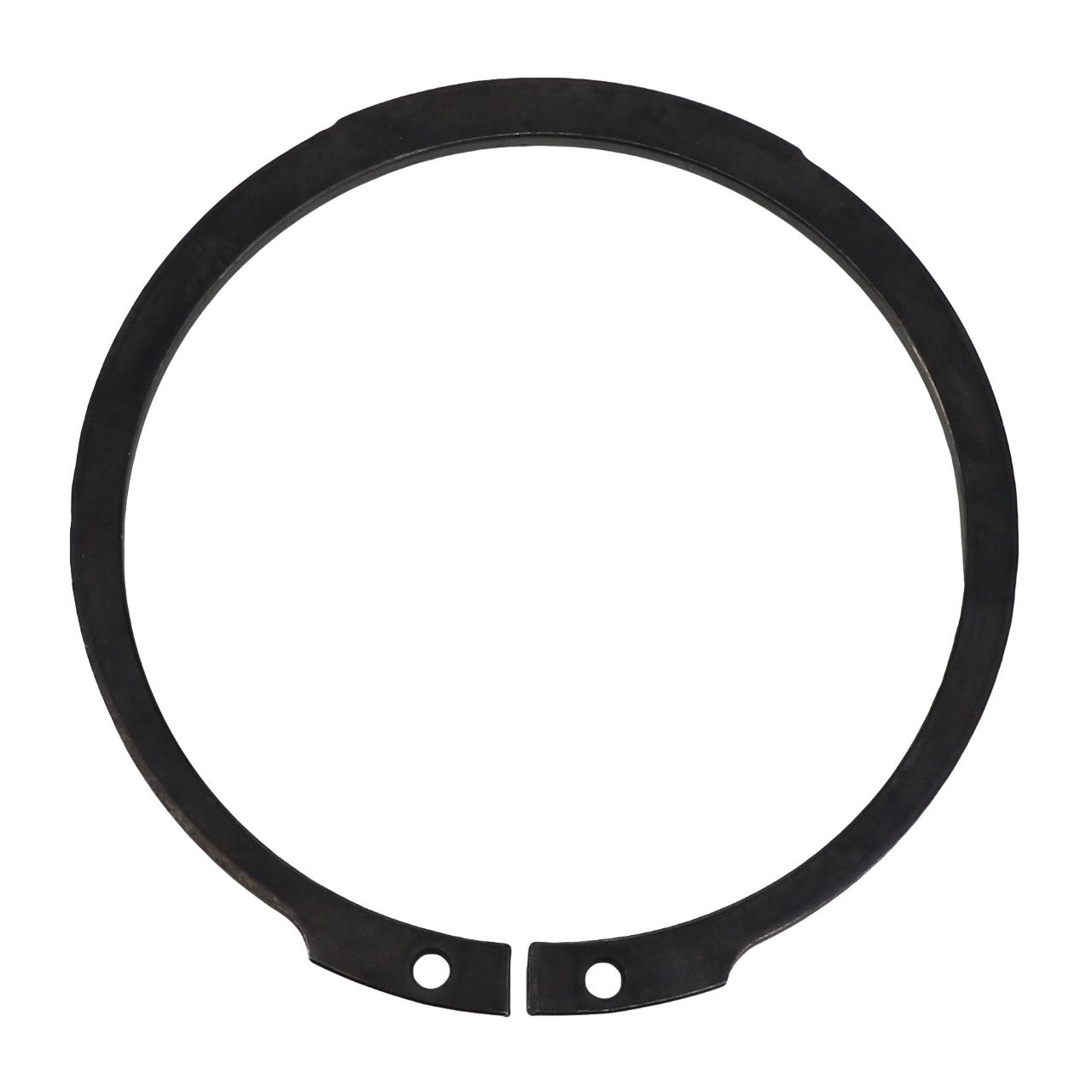 Close-up image of an AGCO | RING - AL5016624, a black metal snap ring with two holes at the open ends, used to secure components on a shaft or in a bore. Brand: AGCO.