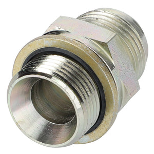 Close-up of the AGCO ADAPTER - AL5028086, a metal conduit connector for electrical wiring featuring threaded ends and a locking nut. Product description information is currently unavailable.