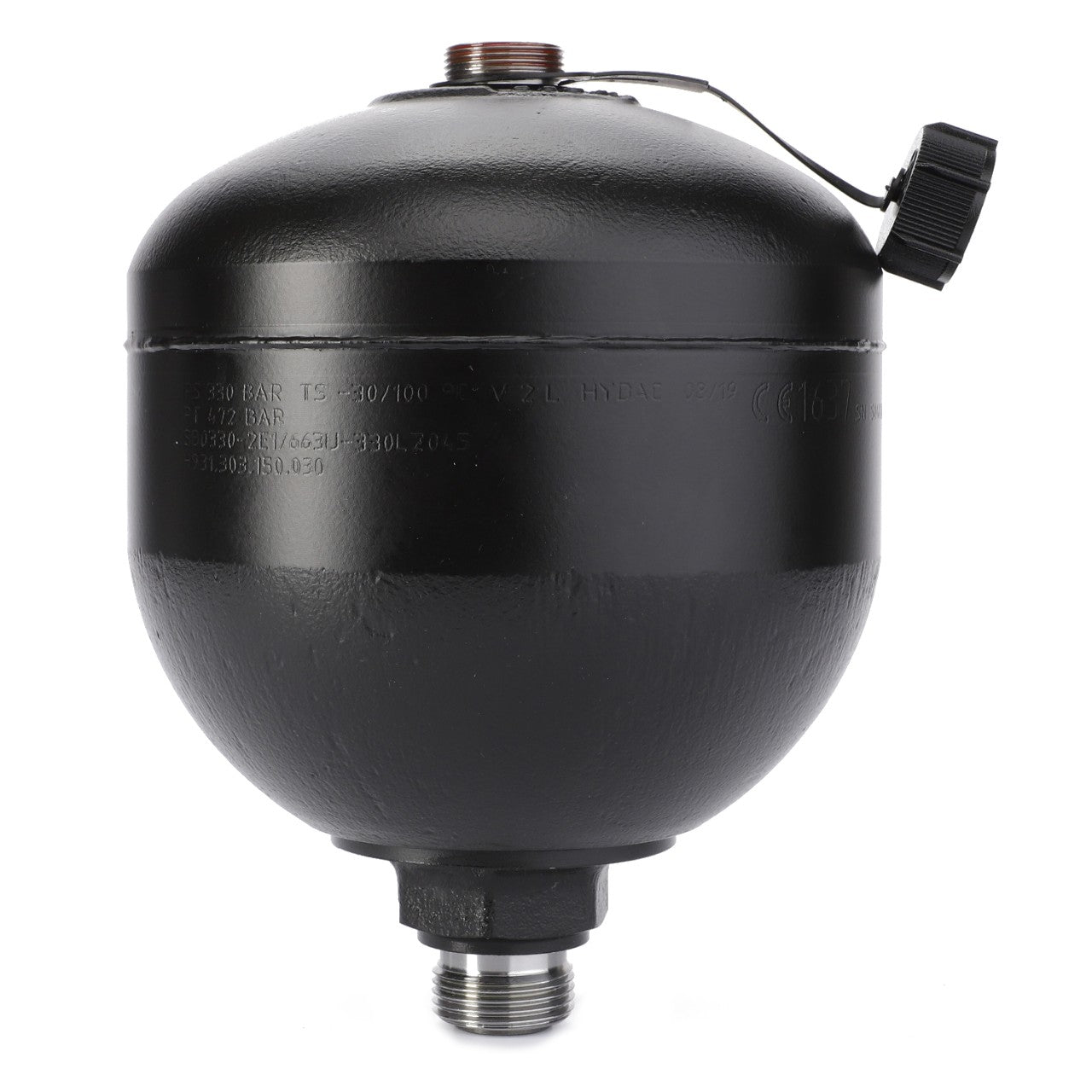 The AGCO Diaphragm Accumulator, 2 L - F931303150010, is a black spherical hydraulic accumulator featuring a threaded connection at the bottom and a capped valve on top, compatible with AGCO Parts and Fendt Vario systems.