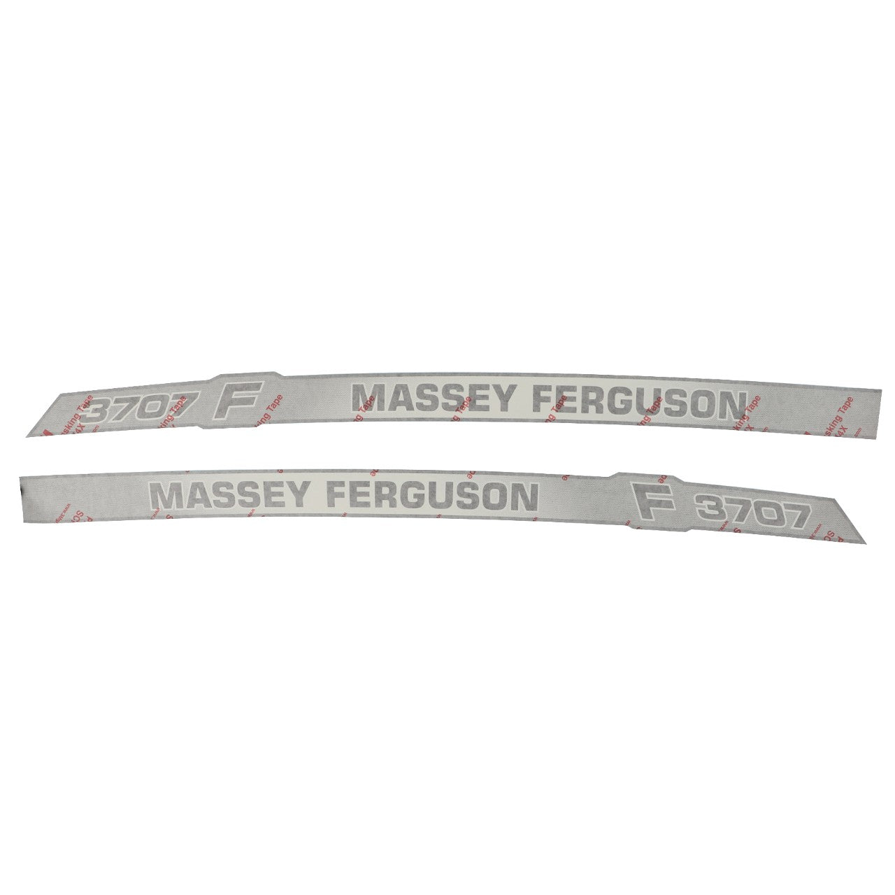 Introducing the AGCO Decal - Acp0332520 from AGCO: This set includes two adhesive decals labeled "MASSEY FERGUSON F 3707" featuring red F logos. One decal is designed to be straight, while the other is angled.