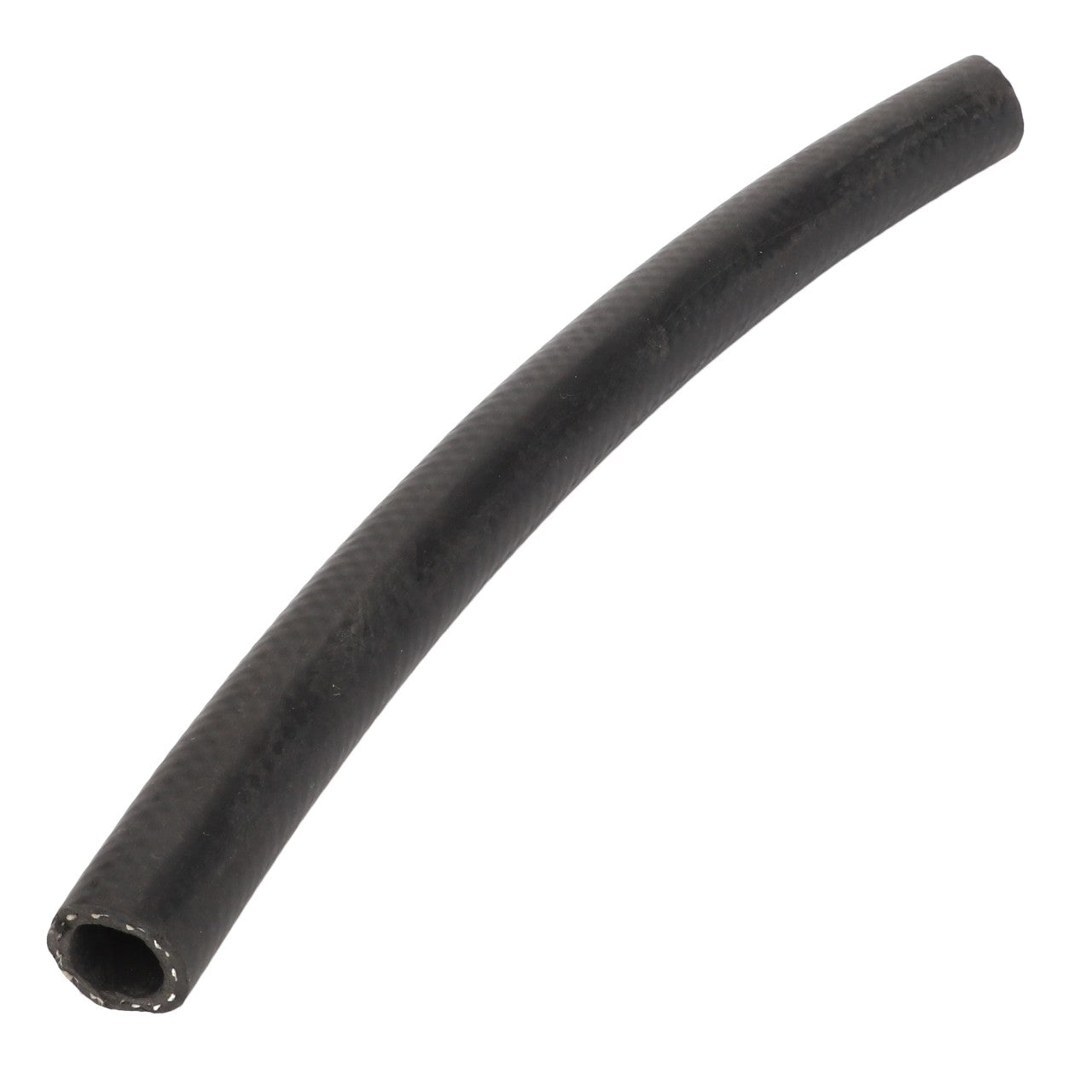 The AGCO HOSE - AG513423 is a black, flexible rubber hose with a slight curve, featuring a hollow interior and a smooth exterior.