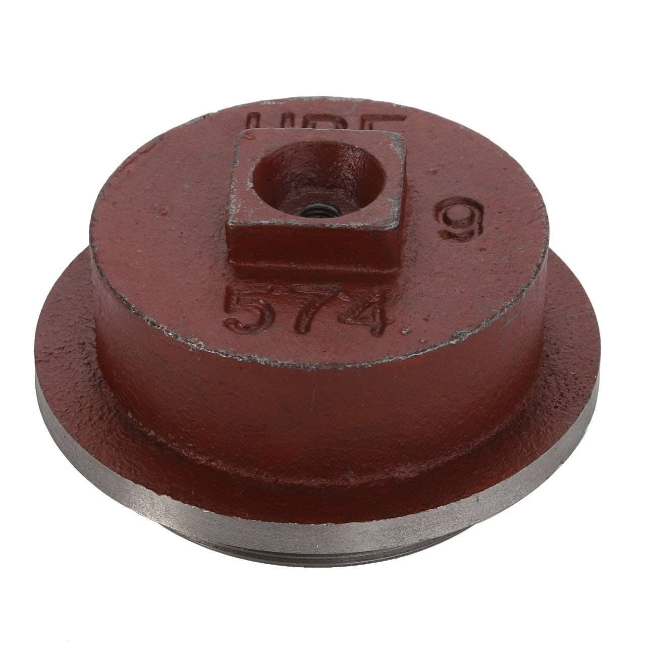 The AGCO Cap - Acp0209090 is a red metal tool with a circular base, featuring a square hole in the center and marked with the number "574" along with other stampings.