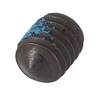 Close-up of the AGCO Screw - 3825766M91, a small cylindrical metal screw with a rounded head and blue thread locker material on its threads, commonly used in Valtra machinery.