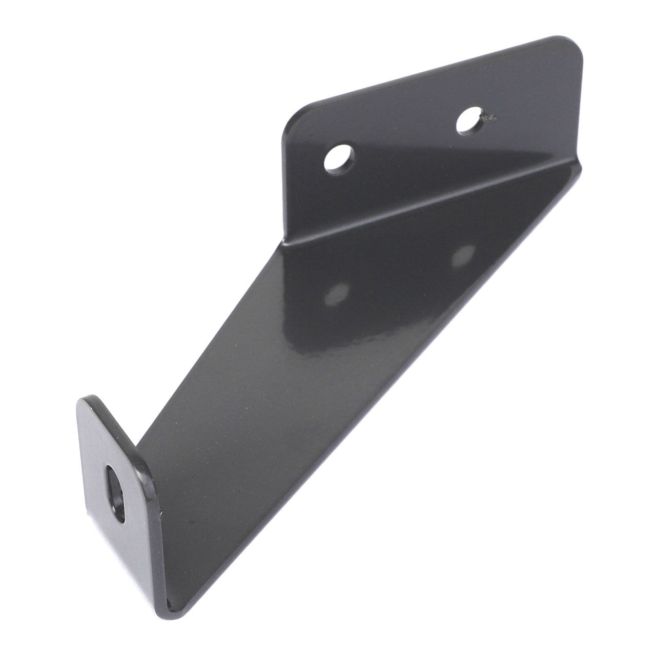 There is no current product description information available for the AGCO | Support - Acw9358060 black metal bracket, featuring two mounting holes on a flat base and a single hole on an angled support.