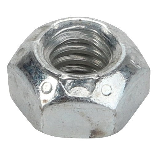 Close-up of the AGCO Top Lock Nut - Acp0040990, a hexagonal metal nut featuring internal threading, set against a white background. No current product description available.