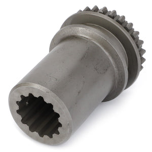 Close-up of the AGCO Coupler - 4301849M2, highlighting its cylindrical shape, machined grooves, and toothed end. This metal gear shaft appears to be designed for mechanical or industrial use and is compatible with Massey Ferguson Models.