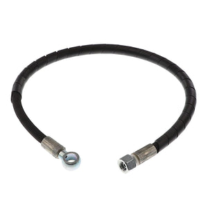 A coiled black hydraulic hose, AGCO | HOSE - AL1103427, with metal fittings on each end—one end featuring an eyelet and the other a hexagonal nut. No current product description information is available for this item.