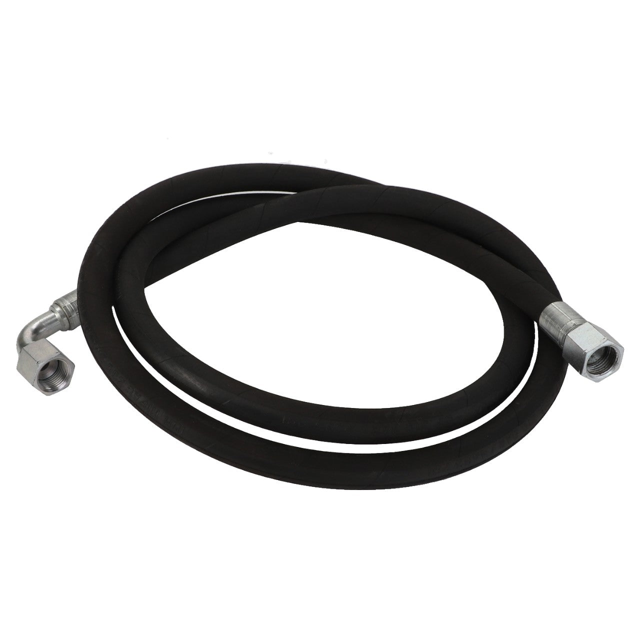 The AGCO HYDRAULIC HOSE - AL9031010 is a coiled black rubber hydraulic hose with metal fittings on both ends. No current product description information is available.