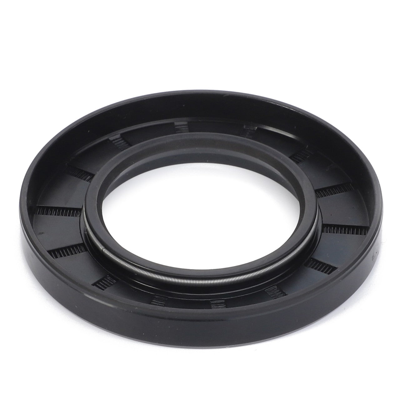 The AGCO Shaft Seal - Fel108689 is a black circular seal featuring a metal spring embedded around its inner edge. Further product description is not available at the moment.