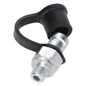 A close-up of the AGCO NIPPLE - AG519172, a metal hydraulic fitting featuring a black plastic cap attached by a flexible strap.