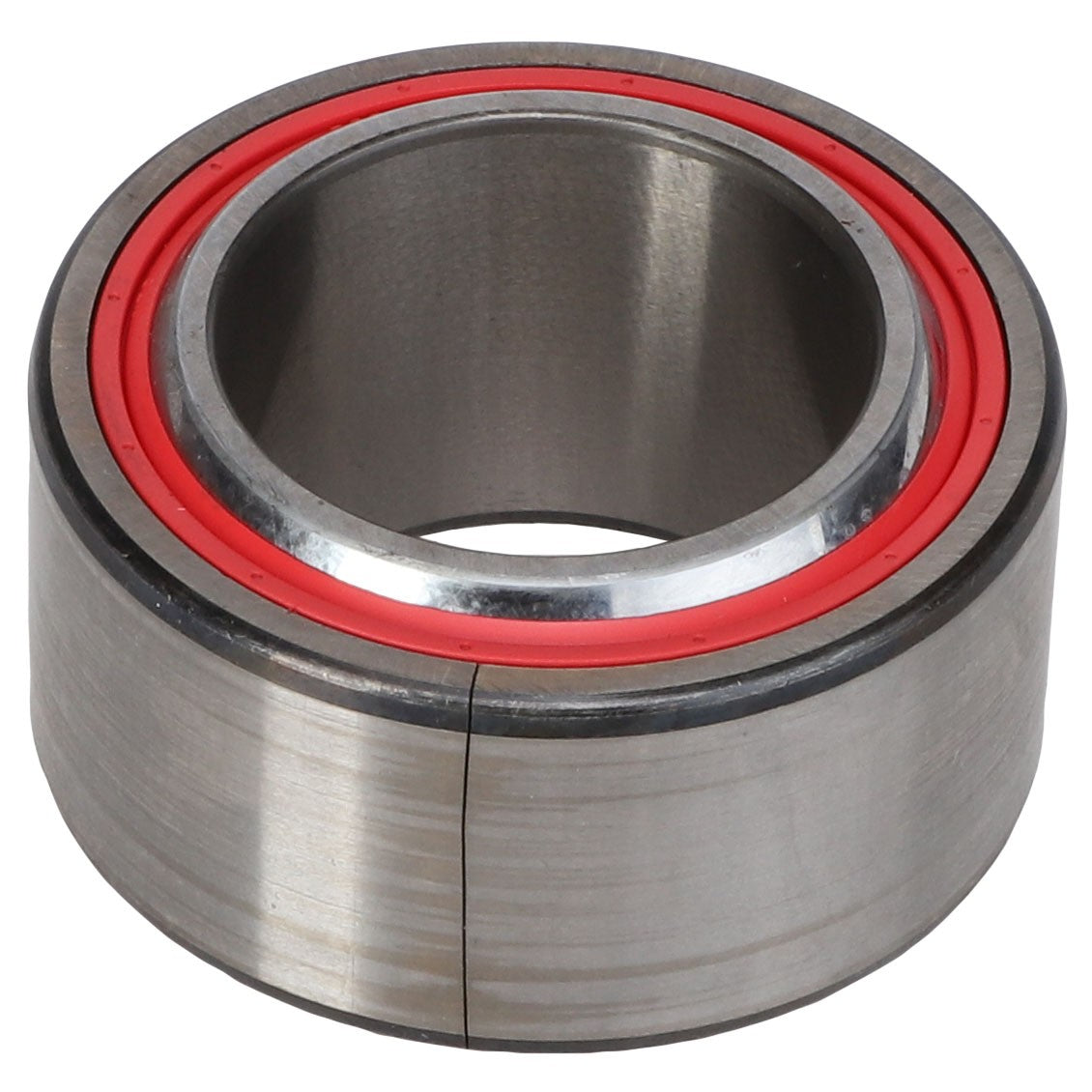 The AGCO Spherical Bearing - Acw1097380 features a cylindrical design with a durable metal exterior and a distinctive red rubber seal on the interior. Currently, additional product description details are not available.