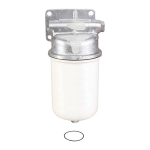 Image of the AGCO Engine Oil Filter Assembly - V836359603, featuring a robust die cast aluminum head and mounting bracket, with a white canister, placed against a white background. An O-ring is shown below the filter. Specifically designed for Massey Ferguson models to ensure optimal performance.