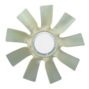 The AGCO Fan Blade, model F931202040010, featuring nine blades and designed for engine temperature management within a tractor’s radiator, is showcased from the front against a white background.
