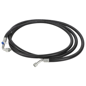 The AGCO | Air Conditioning Hose - Acw192351A is a robust, coiled black hydraulic hose with expertly attached metal fittings on each end.