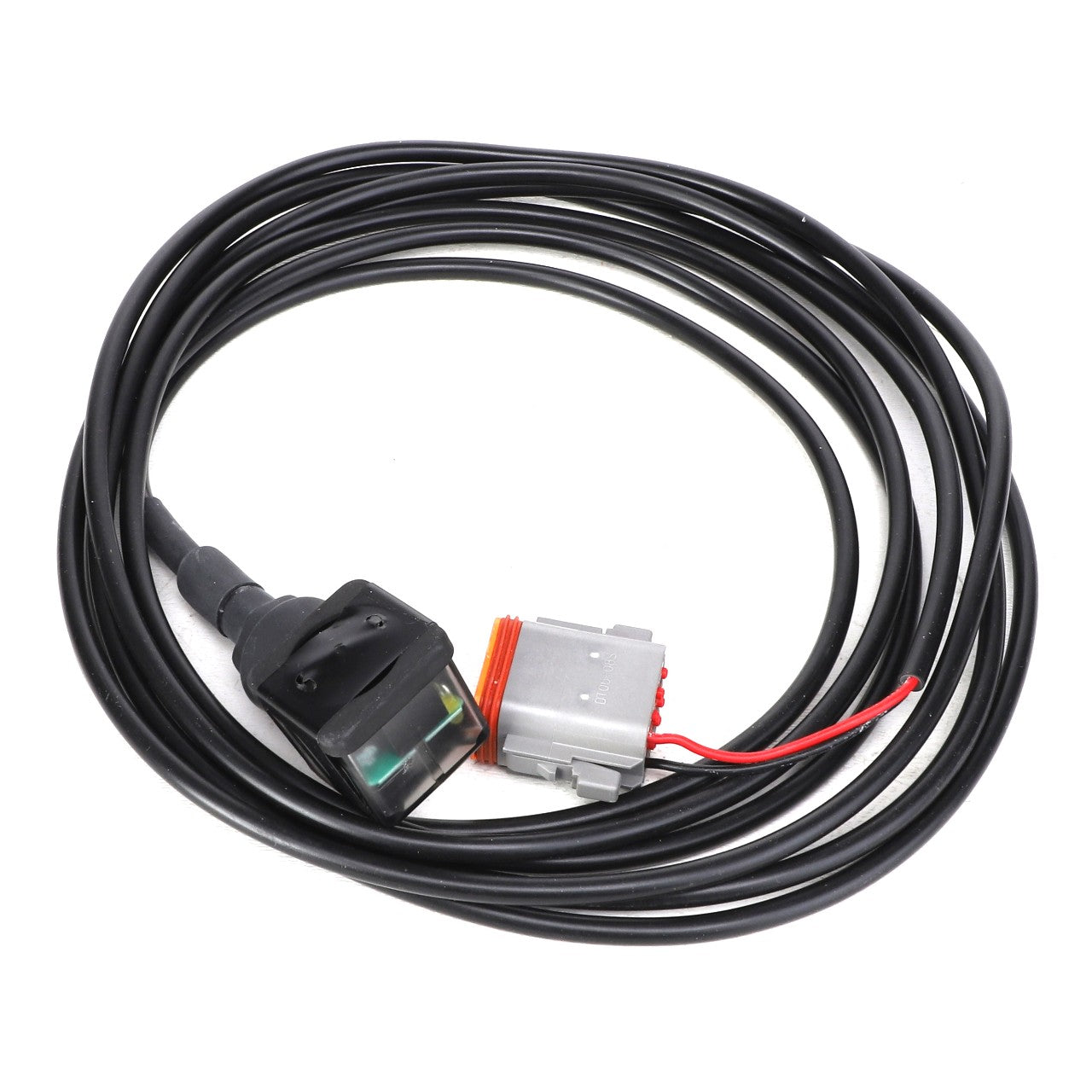 Product Description: The AGCO | HARNESS - ACP0304590 is a coiled black cable featuring a plug on one end and a gray connector with a red wire on the other. For any inquiries or issues, please contact our support team.