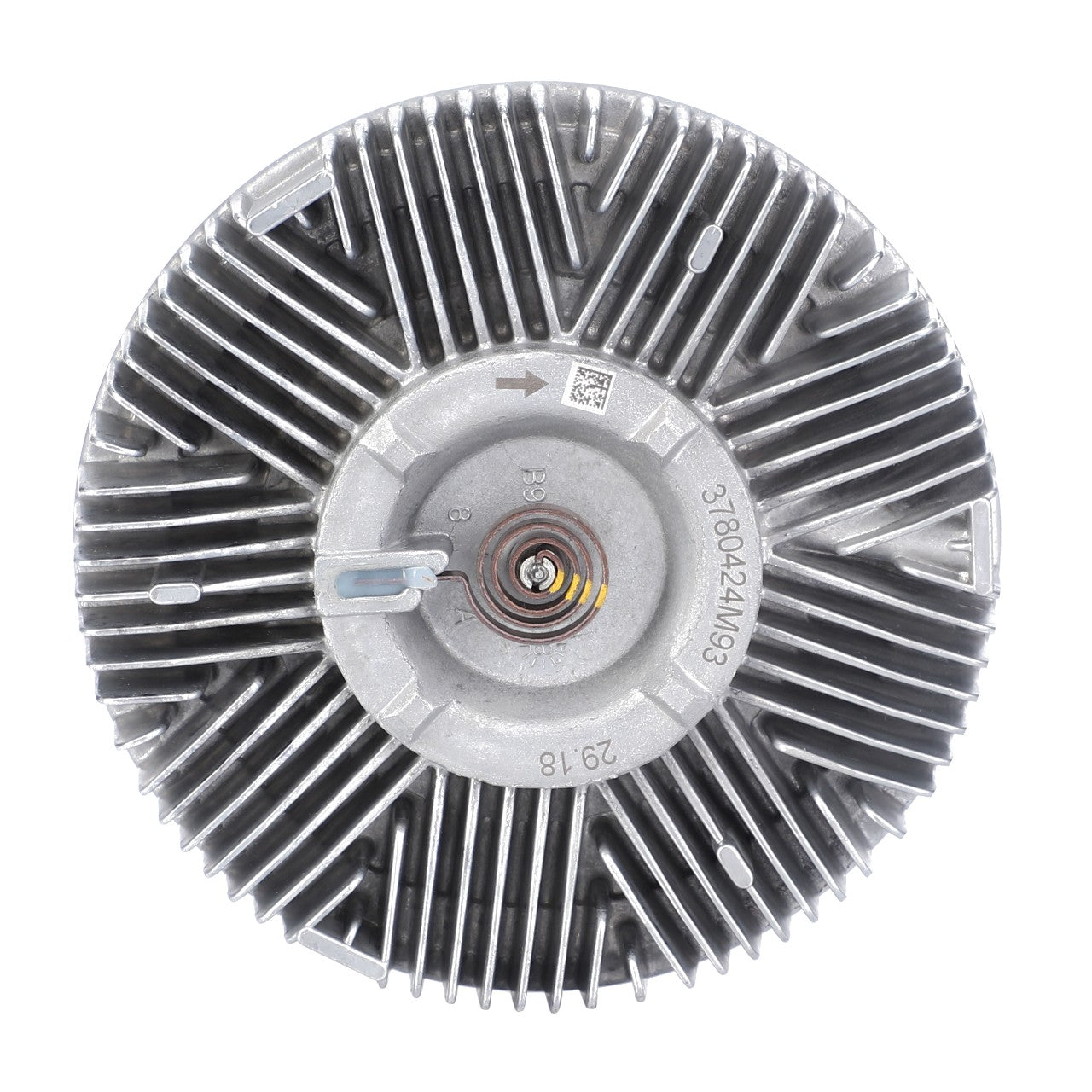 Top view of the AGCO | Clutch - 3783351M1, a metallic circular automotive cooling fan clutch featuring numerous radial fins and a central mounting hole, showcasing rugged engineering akin to that seen in Massey Ferguson tractors.