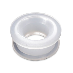 A translucent, white silicone tunnel plug with a flared edge on both sides, reminiscent of industrial bushings, used for body piercings, resembling the AGCO Bushing - 140600030240 from AGCO.