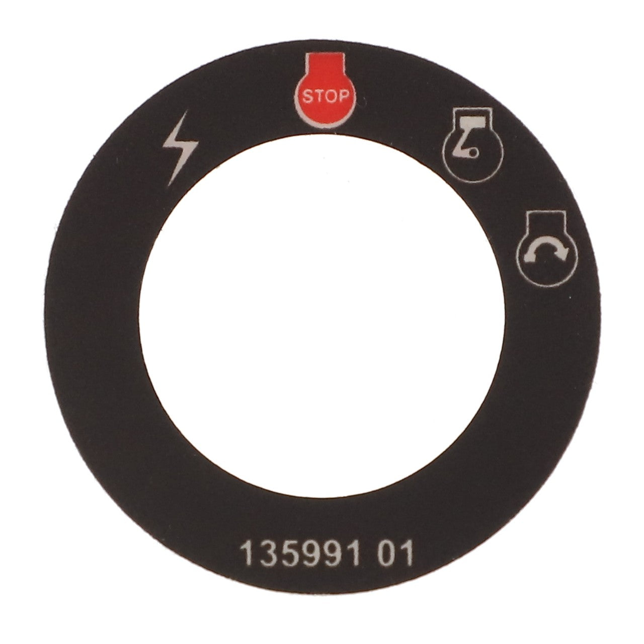 The AGCO DECAL - AG135991 is a black control panel overlay featuring various icons and text. It includes a lightning bolt, red "STOP" button, flask, and telephone icons. The text at the bottom reads "135991 01." There is currently no detailed product description available.