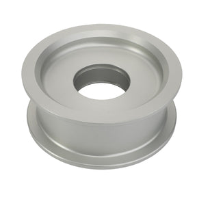 The AGCO | Pulley - Acw1275100 by AGCO is a sleek, silver, cylindrical metal pulley featuring a wide central hole and slightly raised edges on both sides.