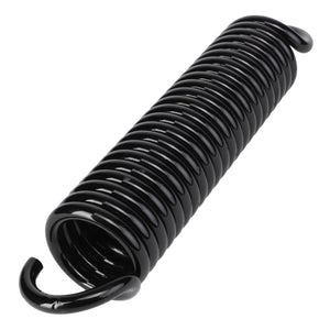 A close-up image of the AGCO | FLEXIBLE SPRING - BD6015, a black coiled spring with hooks at both ends. Product description information is not currently available.