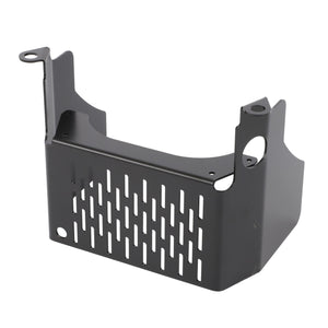 The AGCO | Cowl - 4307175M2 is a black metal bracket featuring multiple rectangular slots and mounting holes, designed for attachment or support purposes, making it perfect for use with MF Dyna-4 and compatible Valtra models.