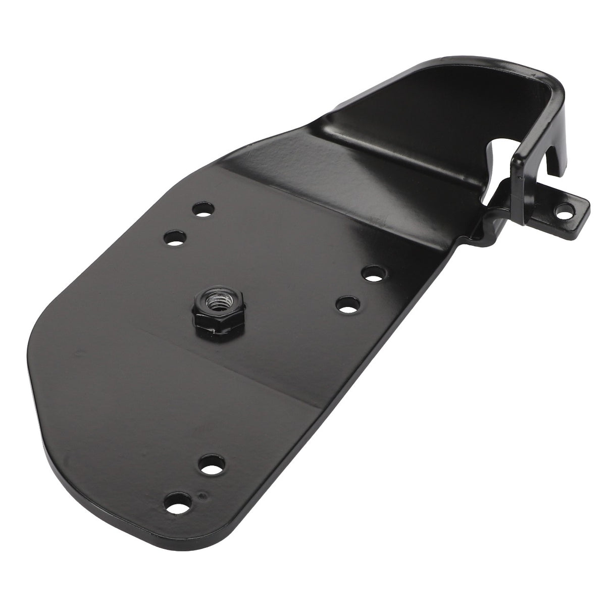 AGCO's Monitor Bracket - Acx2971570 is a black metal bracket featuring multiple holes and a protruding screw in the center, designed for mounting or supporting purposes.