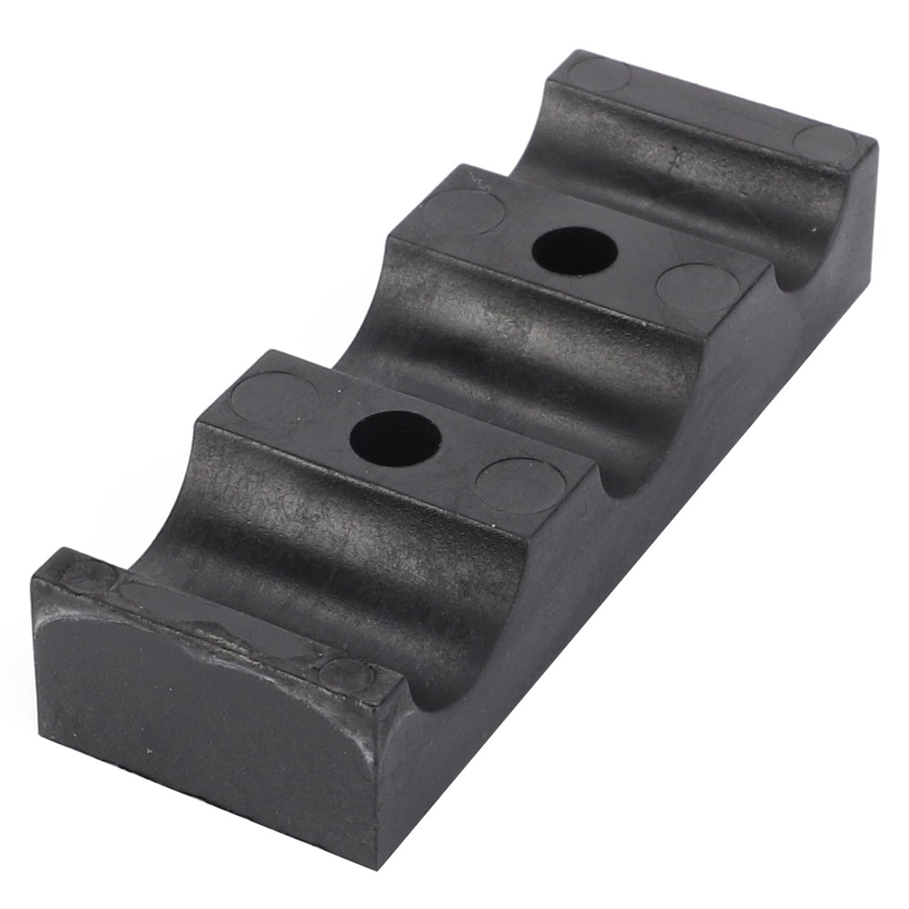 The AGCO | Bridle - 4276219M1 by AGCO is a black plastic mounting bracket featuring three rounded slots and two holes, specifically designed for holding cylindrical objects and ideal for use with Massey Ferguson Dyna-VT systems.