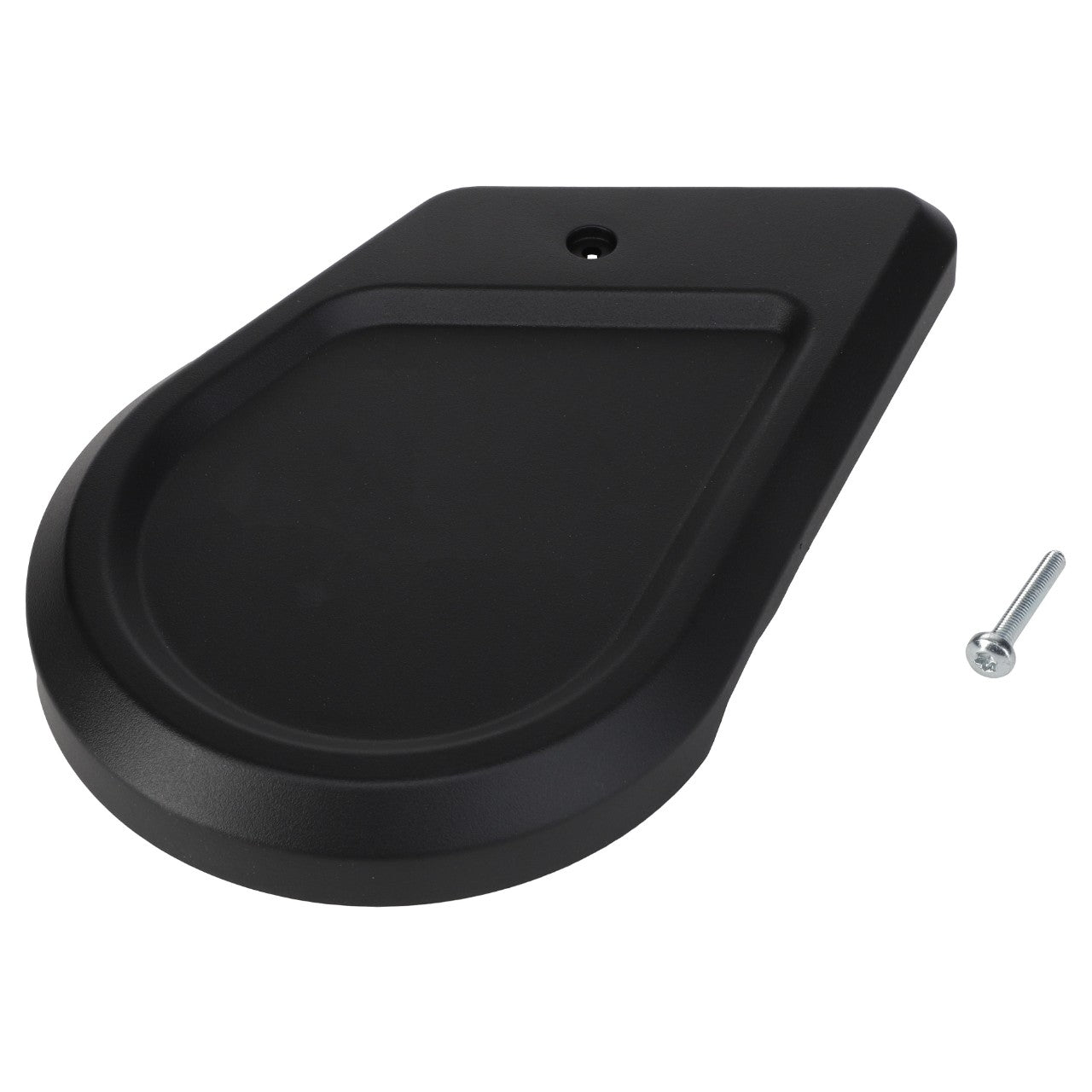 A black AGCO plastic side cover for the right side cross tube (model ACP0483790) with a rounded edge, placed beside a screw on a white background. No current product description available.