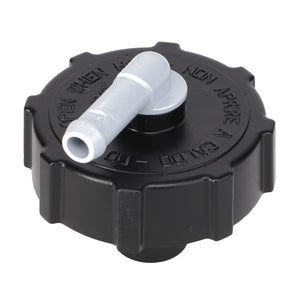 The AGCO Cap - Acw3378740 is a black plastic cap with a gray hose connector attached, featuring grooved edges and embossed text, compatible with Massey Ferguson Models.