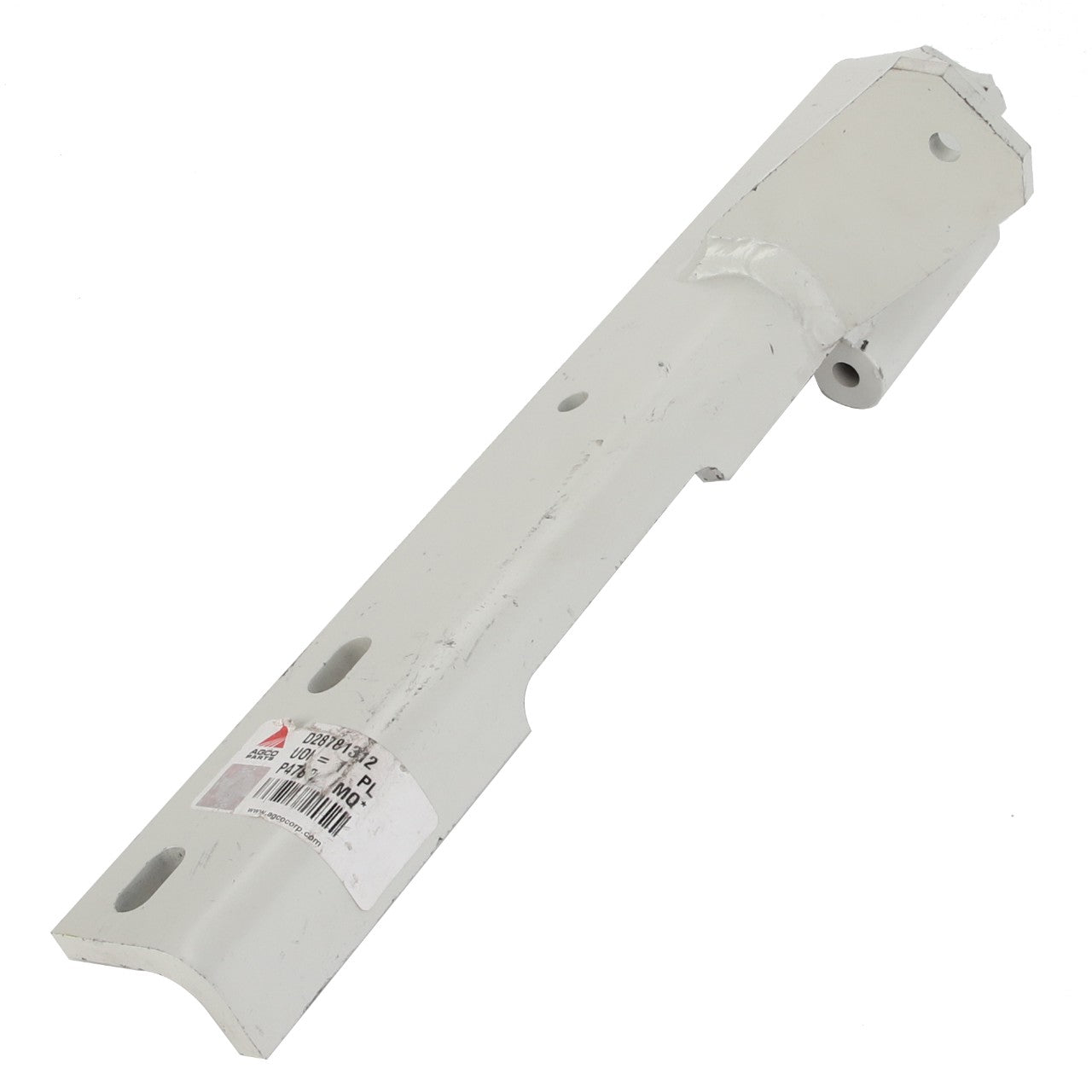 Product Description: The AGCO BRACKET - D28781312 is a white, rectangular metal component featuring various holes and a label with text. It has a distinctive curved end and a small protrusion on one side, though no current product description information is available for further details.