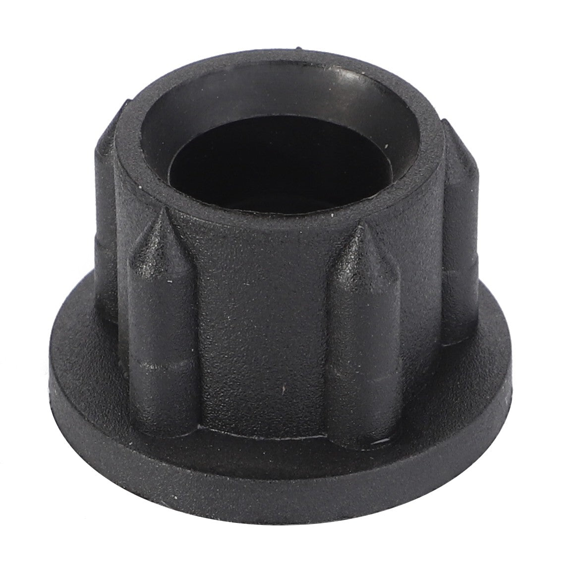 The AGCO Bushing (Product Code: F268500030080) is a black, circular plastic component featuring a central hole and a grooved outer surface, commonly used in mechanical or industrial applications.