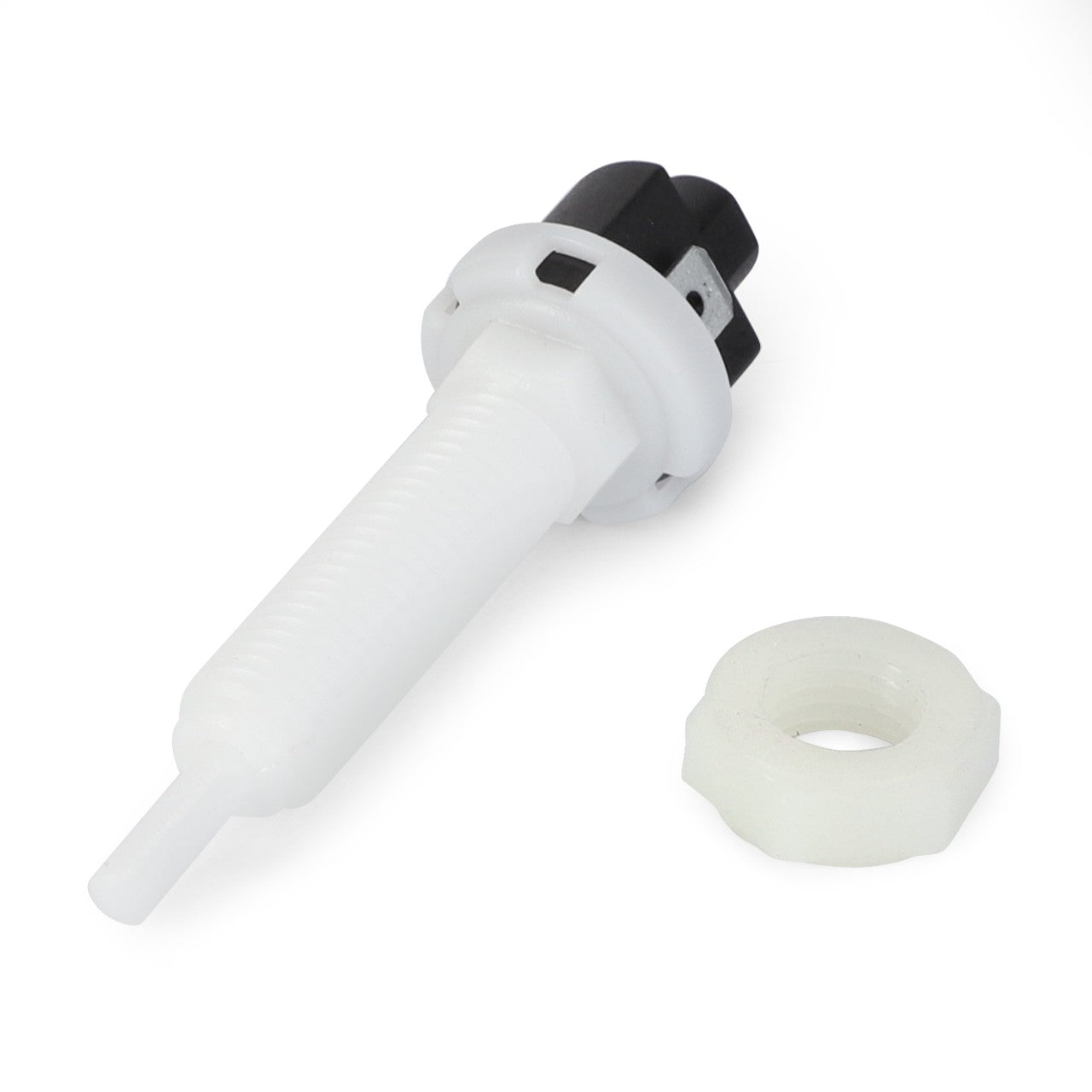 The AGCO | Commutator - 1424104M92, a white plastic threaded connector with a black top, comes with a separate white plastic ring and is compatible with Massey Ferguson Models.