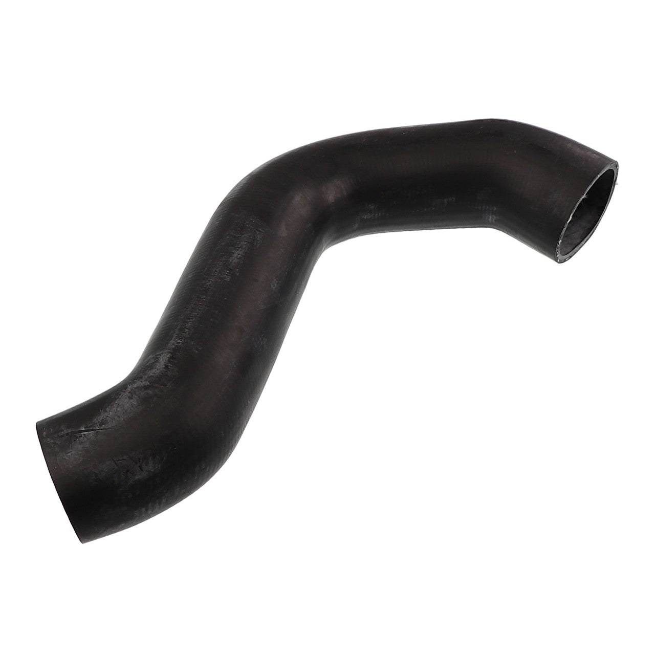 The AGCO HOSE - ACP0581790 is a black, curved rubber hose with a smooth surface and open ends, designed for automotive or industrial applications.