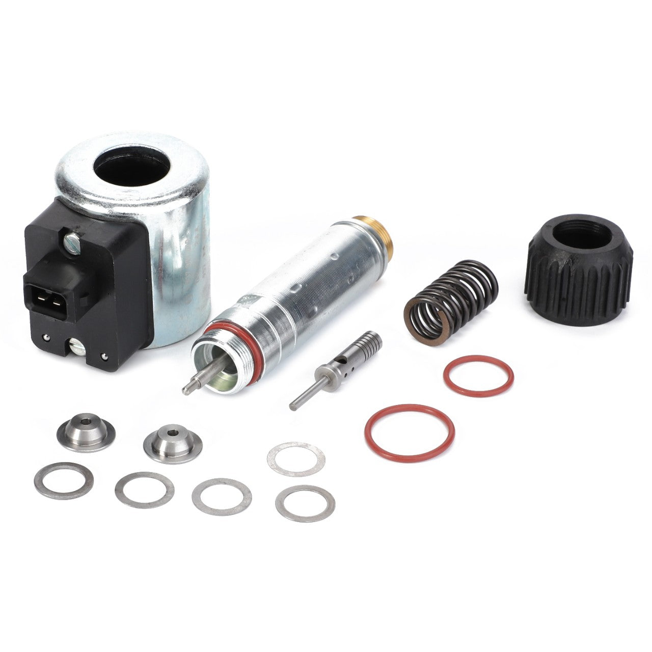 The AGCO | Parts Kit - F916961020170, a comprehensive hydraulic solenoid valve kit, includes a cylindrical solenoid, spring, various seals, washers, fittings, and connectors arranged on a white background—ideal for tractor fitment such as Massey Ferguson models or Fendt Vario.