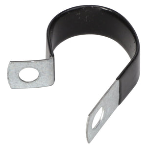 Introducing the AGCO P-CLIP | AG519751: A sturdy metal P-clamp with a black rubber coating, designed with two flat ends featuring circular holes for easy mounting.