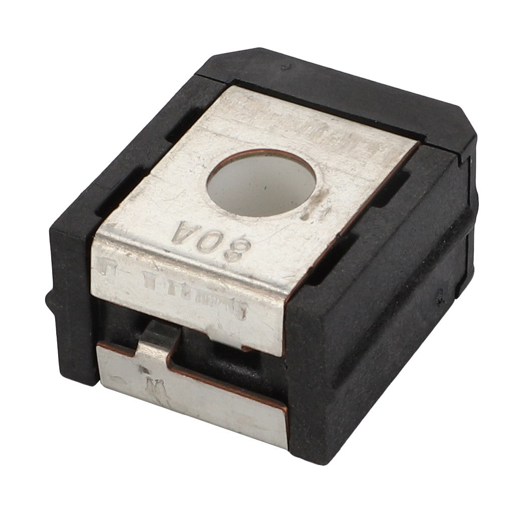 A close-up of the AGCO | Fuse - Acx2885470 surface-mount inductor, featuring a metal core and enclosed in a black rectangular casing, yielded no results upon visual inspection.