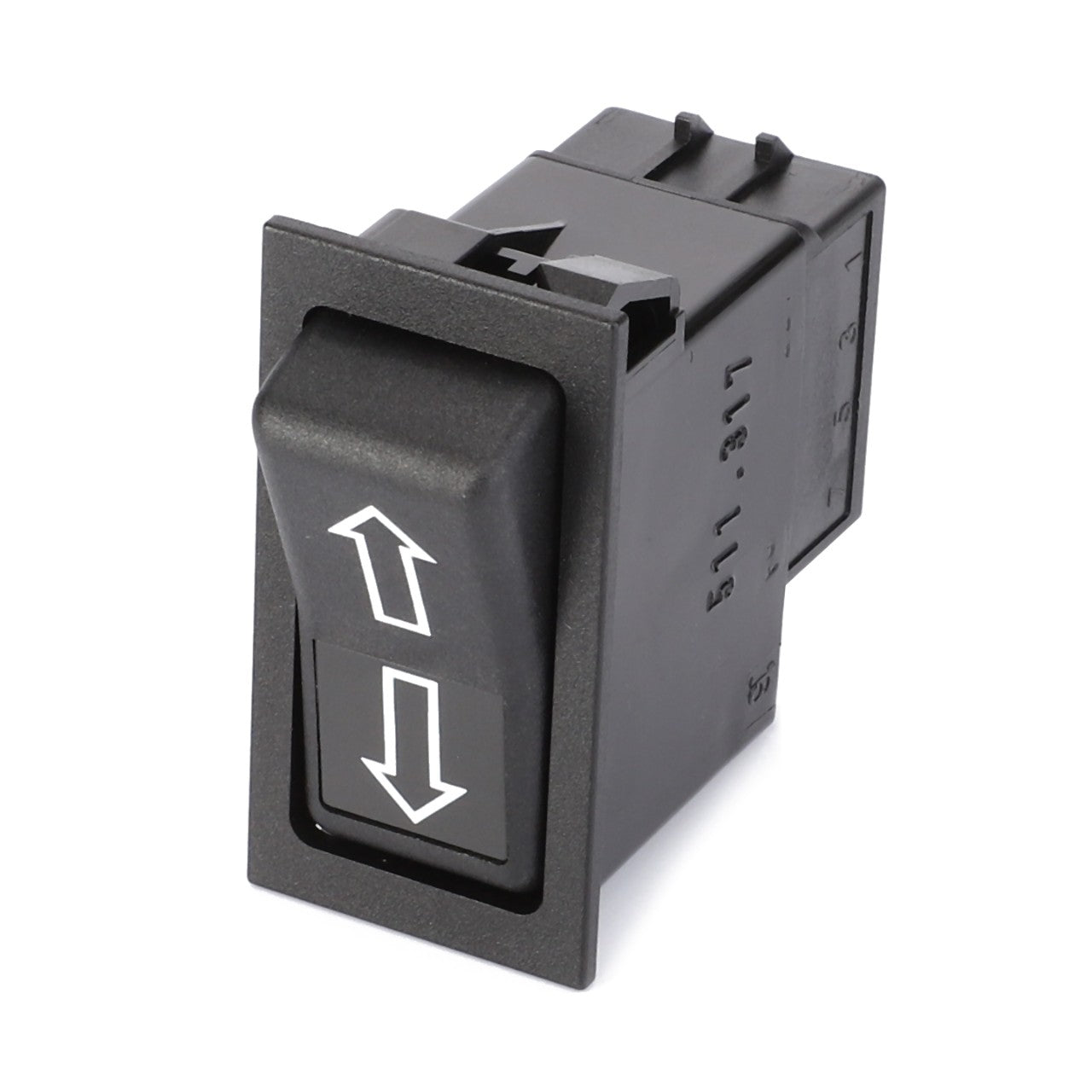 A black AGCO rocker switch, model 1696497M1, featuring white up and down arrows, is compatible with Massey Ferguson models such as the MF 350 and MF 390.