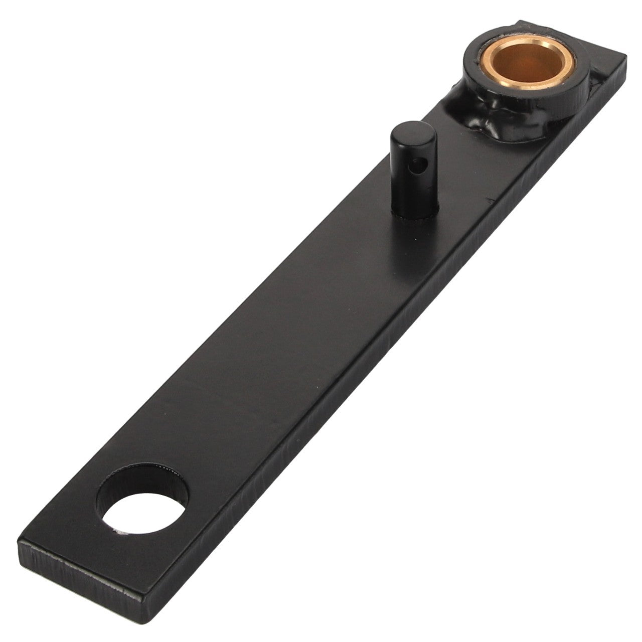 The AGCO | LEVER - D28781125 is a black metal bracket with a circular hole at one end and a bronze bushing at the opposite end. It features a small cylindrical protrusion near the bushing. No further product description information is available beyond these details.