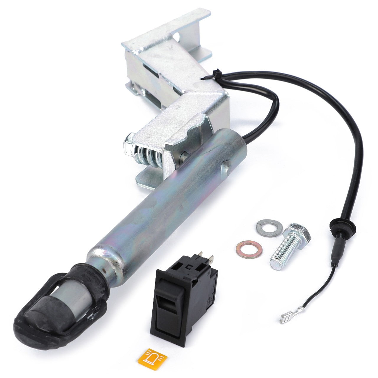 The Fendt - Beacon Bracket Kit - 0073547213000 by AGCO includes a metal automotive part with an attached wire, a screw and washer set, a black electrical switch, and a small orange sticker featuring a car battery symbol.