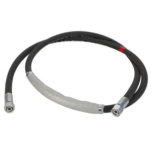 The AGCO | Hydr. Hose - 4389138M1 is a black hydraulic hose with metallic connectors on both ends and features a protective sleeve covering part of its length. Please note: No current product description is available.