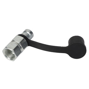 A metal hexagonal fitting, specifically the AGCO | PRESSURE TEST PORT FITTING - AG519114, attached to a short, curved black lever with a circular end. Currently, there is no further product description information available.