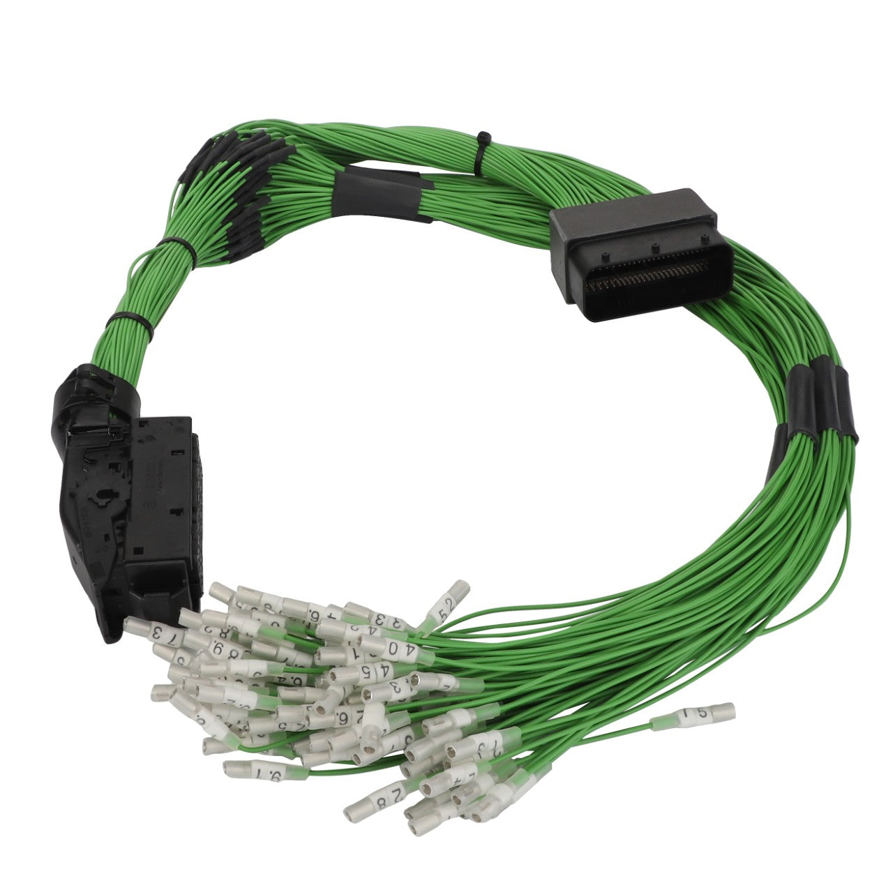 Introducing the AGCO Harness - Act0054200: A green multi-wire cable assembly from AGCO, featuring connectors at both ends and numbered tags on the individual wires.