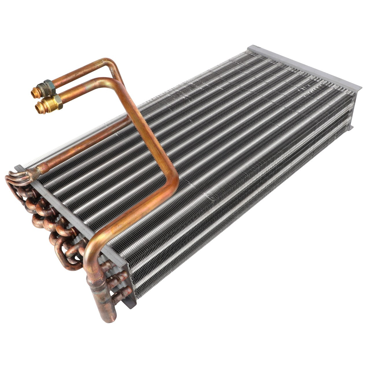 A close-up image of the AGCO Evaporator - AG330764, featuring multiple copper tubes and fins, designed to enhance performance in Heating and Air Conditioning systems.