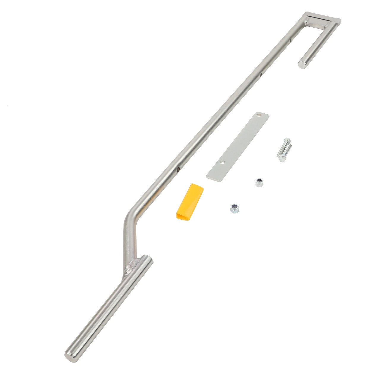 The AGCO | LOCKING KIT - AL4501178 by AGCO features a metal door handle assembly kit, which includes a long silver handle, an orange plastic piece, a small metal plate, and additional screws and nuts, all laid out on a white background. No current product description information is available.