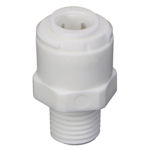 The AGCO | ADAPTER FITTING - AG516481 is a white plastic pipe fitting featuring a threaded end and a hexagonal nut for secure attachment.