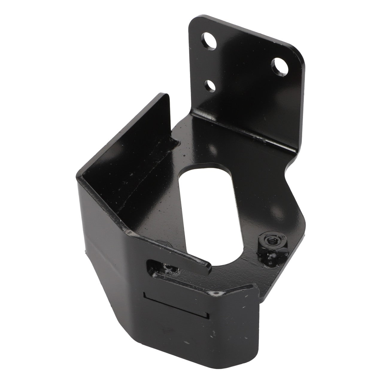 The AGCO | Sensor Bracket - Acx2337330 is a black, metal bracket featuring a rectangular opening in the center, two mounting holes, and an angular, folded design.