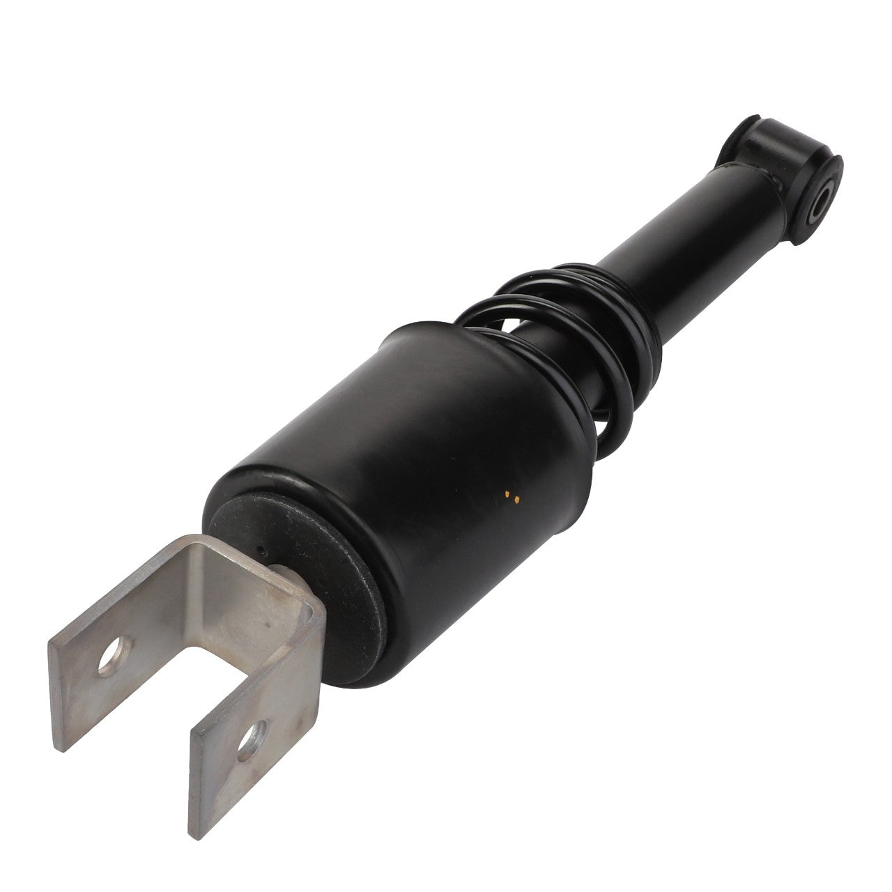 The image depicts the AGCO | Damper - Acw7702240, a black cylindrical car shock absorber by AGCO, featuring a metal bracket on one end and a rubber bushing on the other, designed to reduce vehicle vibrations. Unfortunately, no current product description information is available for this item.