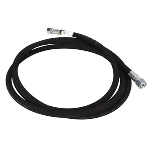 A coiled black hydraulic hose with metal connectors on both ends, suitable for industrial machinery and equipment. Refer to AGCO | WARNING DECAL - ACP0535840 for further details. Brand Name: AGCO.